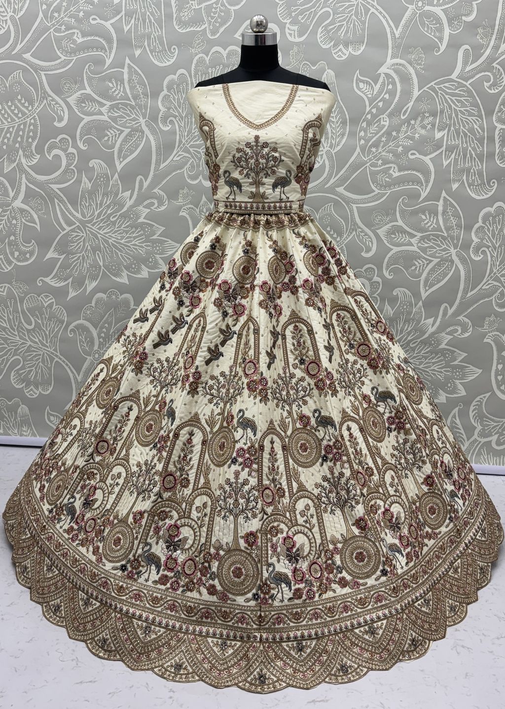 Off White Pure Soft Silk Heavy Embroidery Work Bridal Lehenga