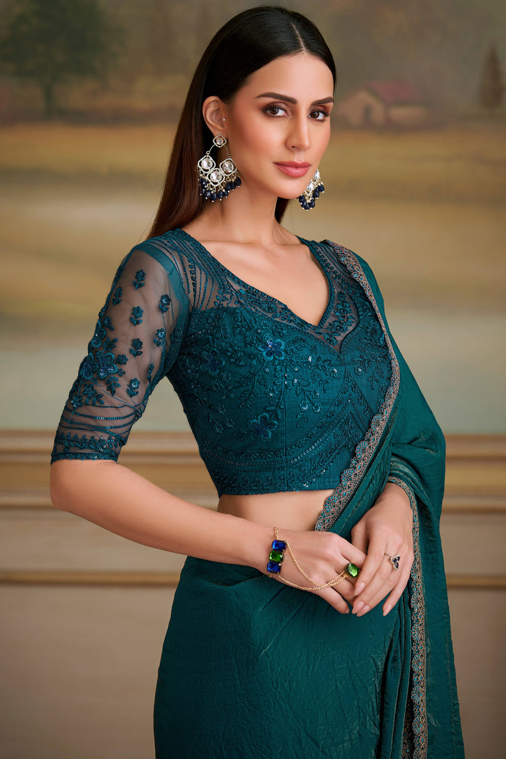 Dark Teal Pure Georgette Silk With Floral Sequins Saree
