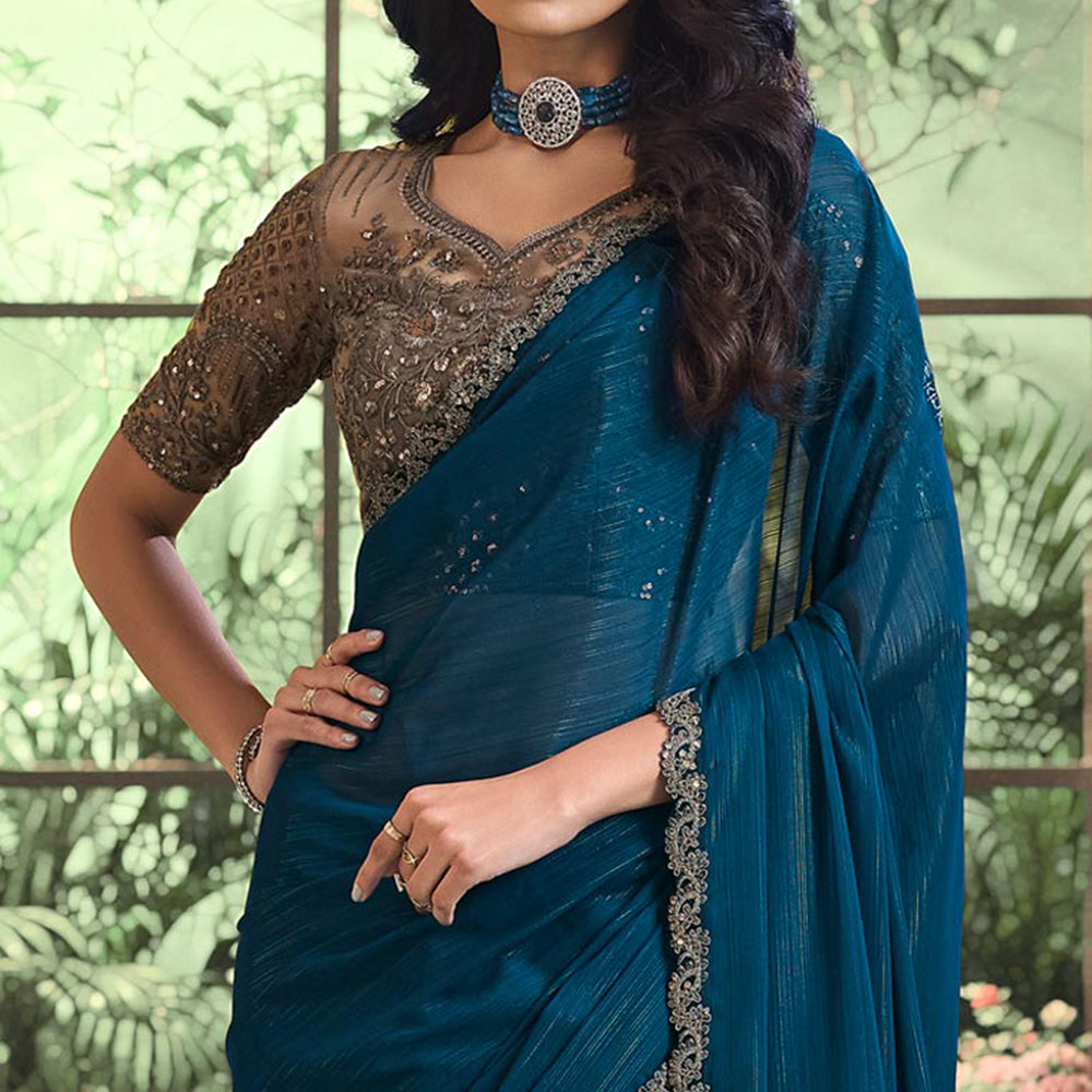 Teal Pure Georgette Burberry Silk With Floral Sequins Saree