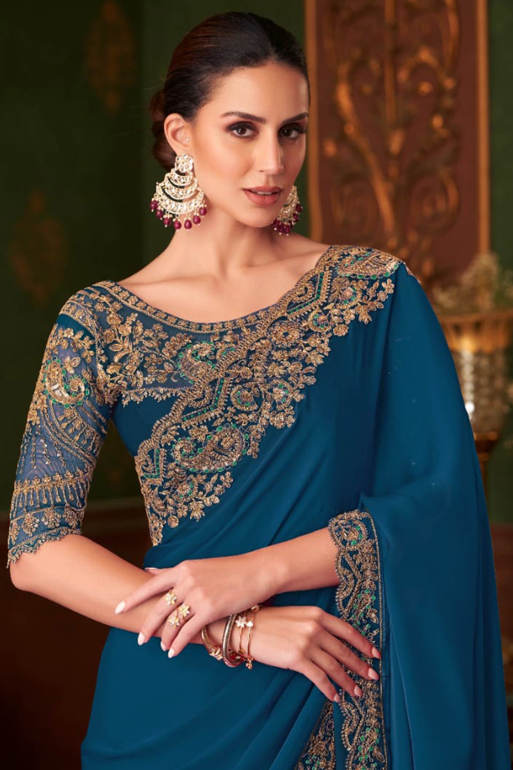 Blue Pure Georgette Satin Silk With Floral Sequins Saree