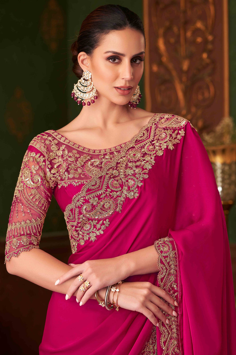 Hot Pink Pure Georgette Satin Silk With Floral Sequins Saree