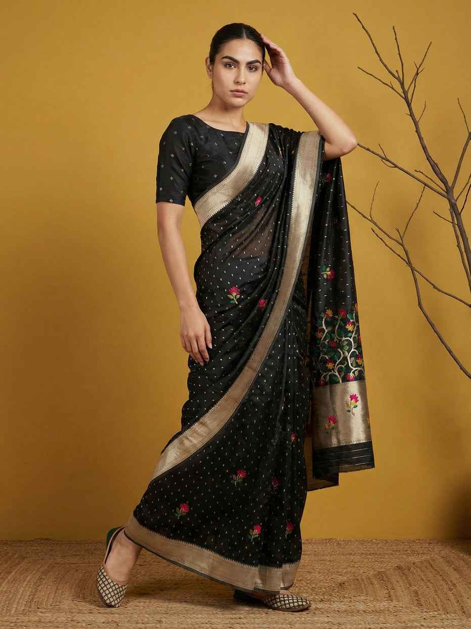 Black Pure Organza Silk Meenakari Jamdani Zari Woven Organza Saree