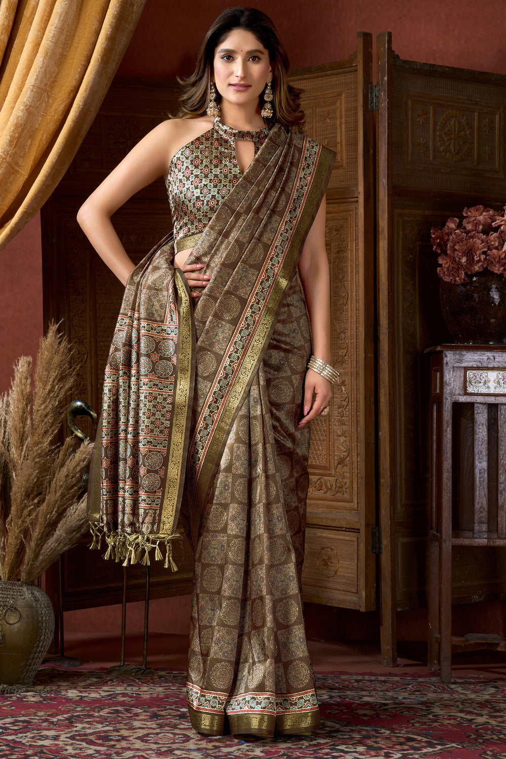 Forest Green Pure Cluster Silk Ajarkh Digital Printed Saree