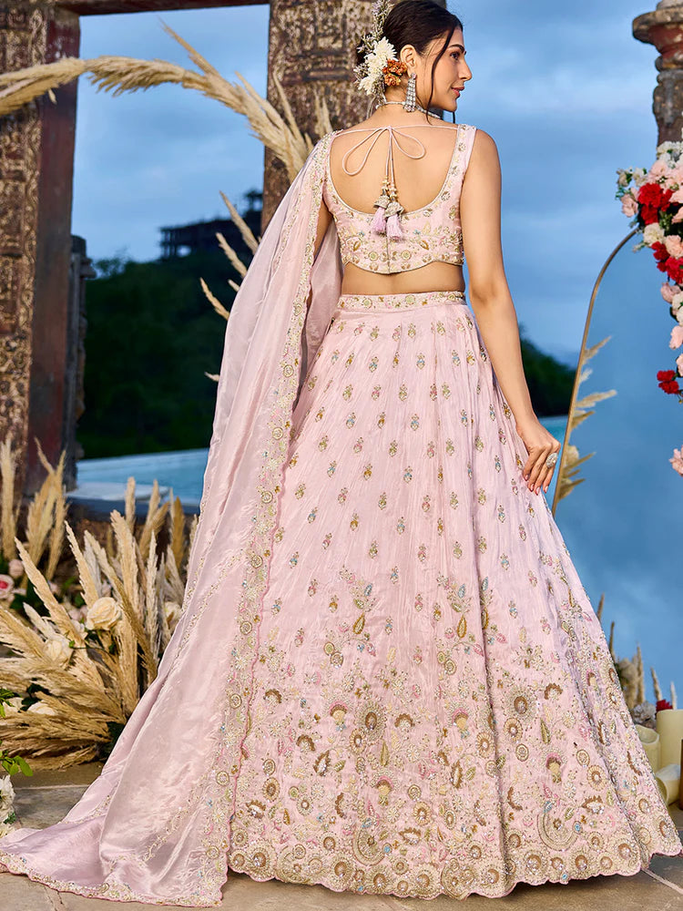 Blush Pink Tissue Silk Sequins Embroidered Lehenga Choli with Dupatta
