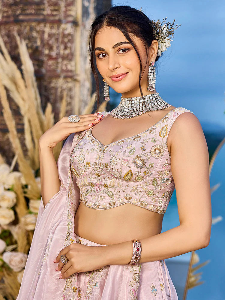 Blush Pink Tissue Silk Sequins Embroidered Lehenga Choli with Dupatta