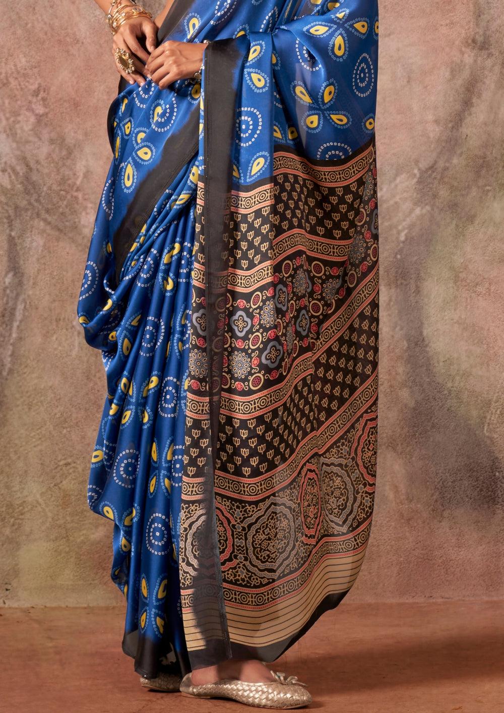 Blue Ajrakh Printed Satin Georgette Silk Saree