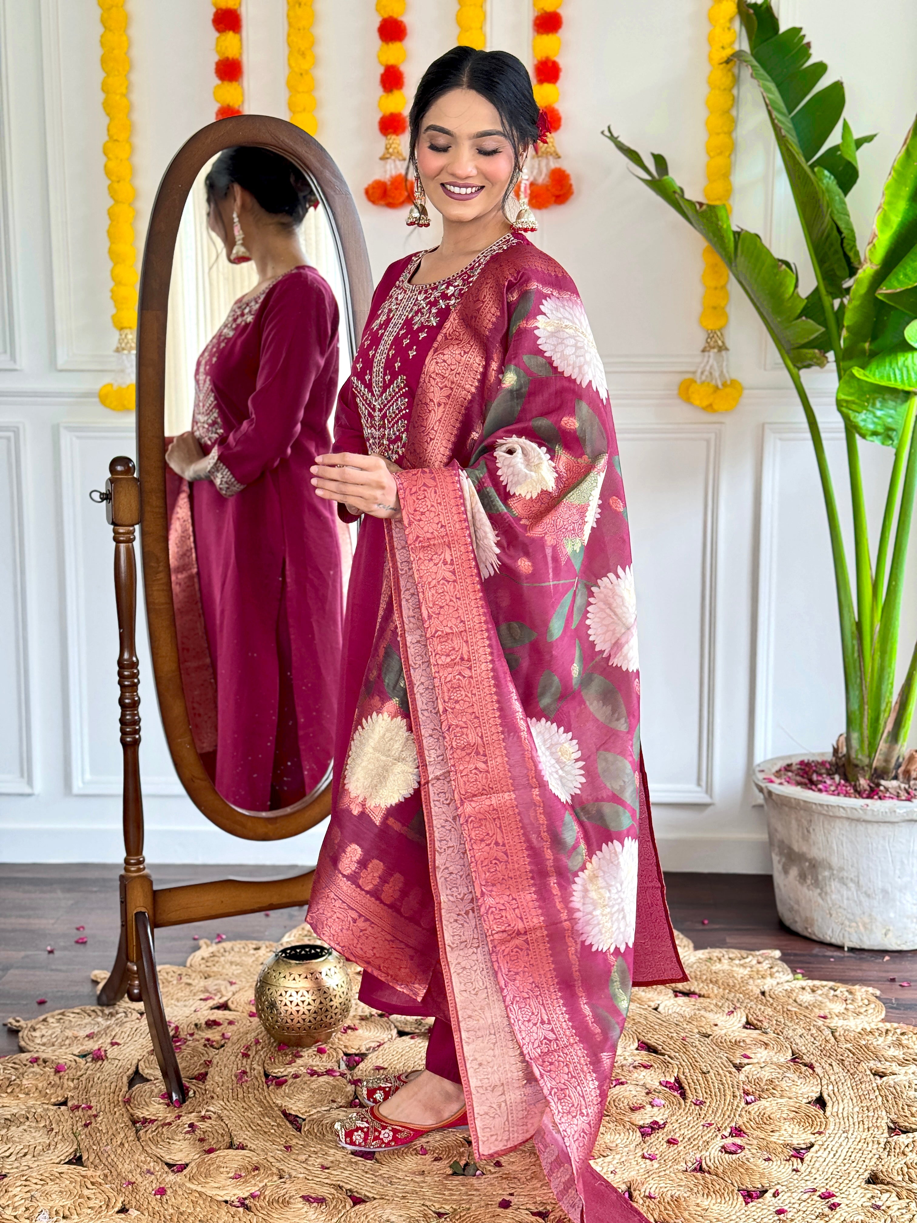 Wine Viscose Chanderi Kurti Set with Heavy Embroidery