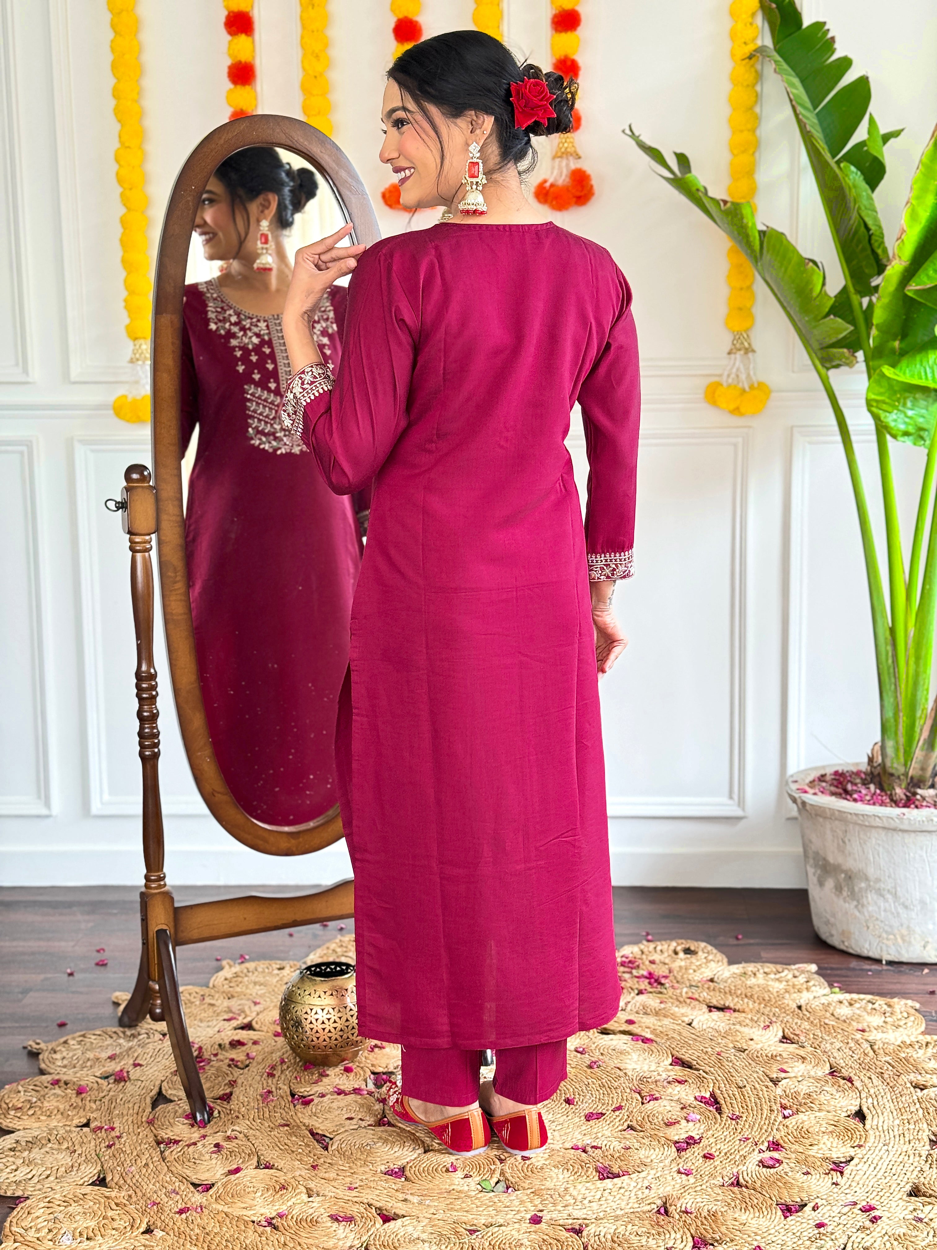 Wine Viscose Chanderi Kurti Set with Heavy Embroidery