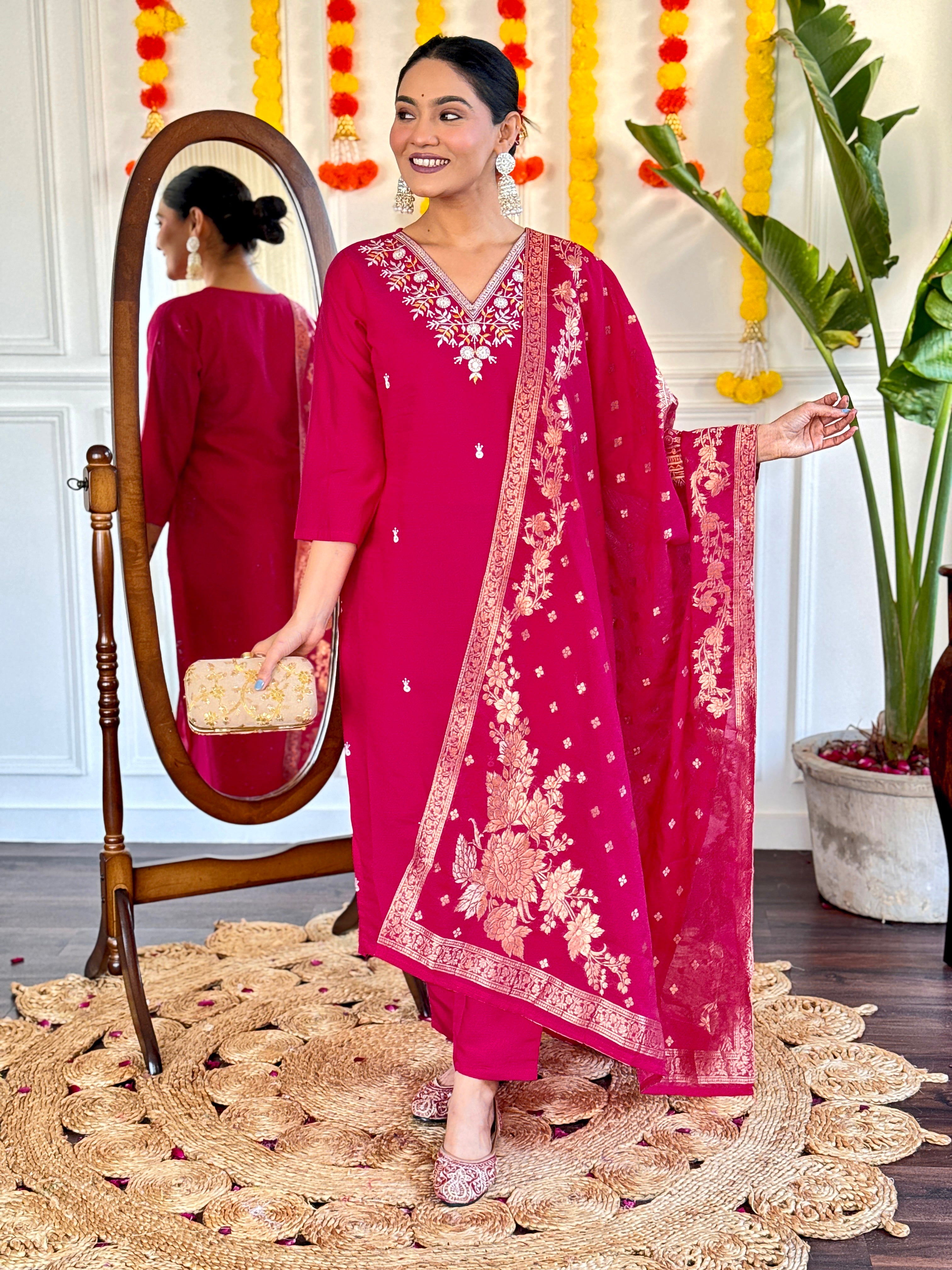 Maroon Embroidered Viscose Chanderi Kurti Set