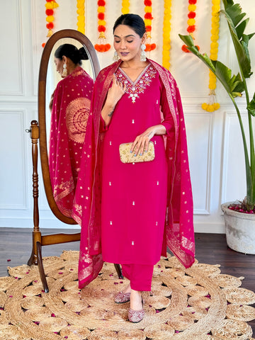 Maroon Embroidered Viscose Chanderi Kurti Set