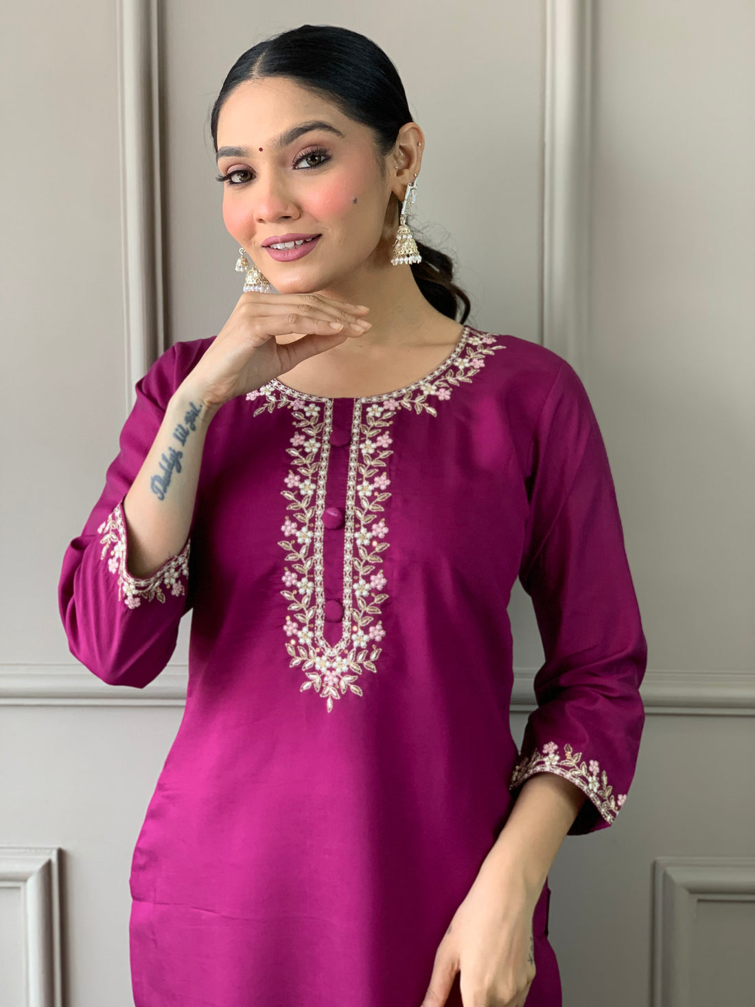 Wine Viscose Chanderi Kurti Set with Embroidered Neckline