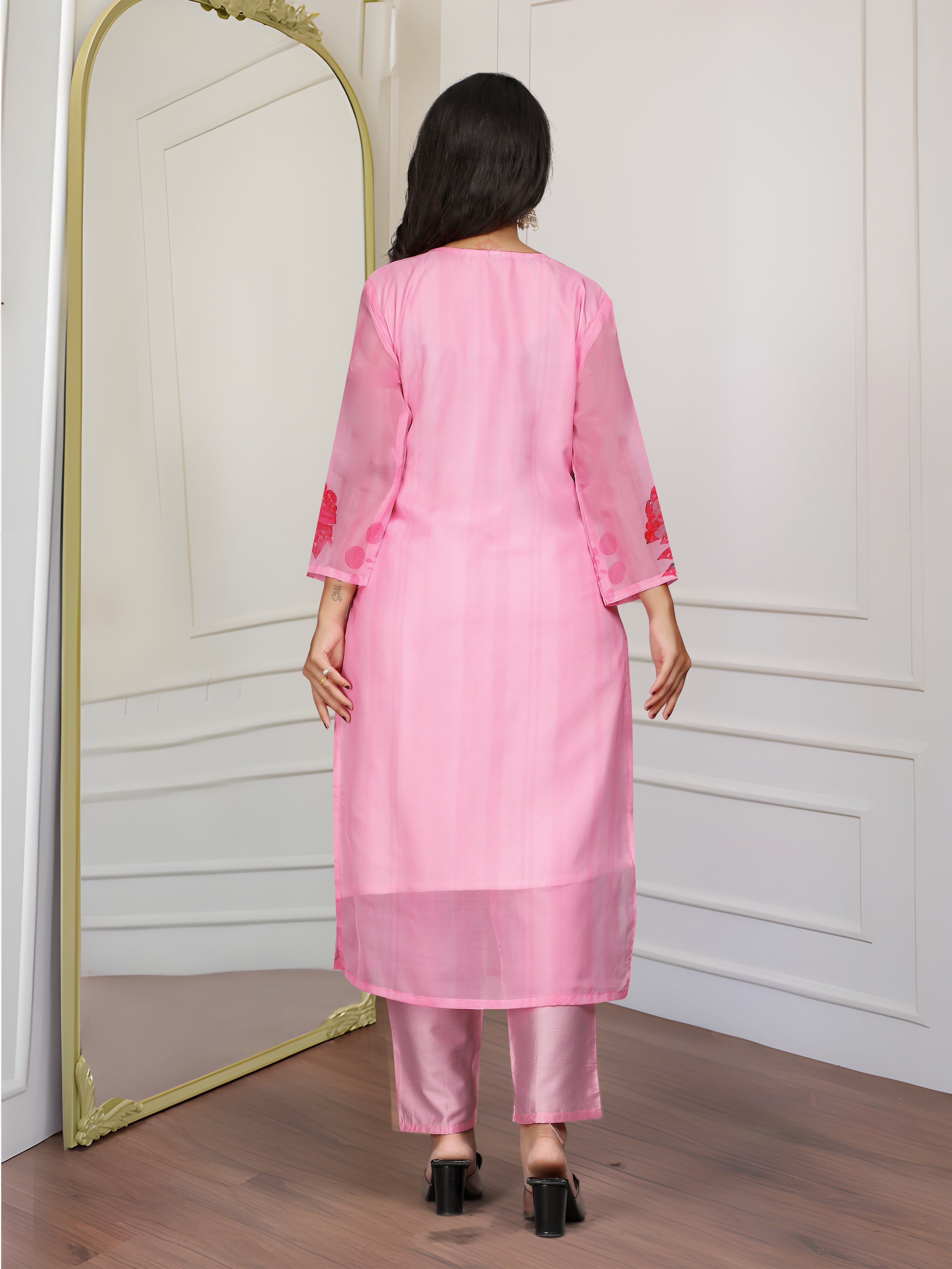 Pink Floral Organza Kurti Set with Embroidered Neckline