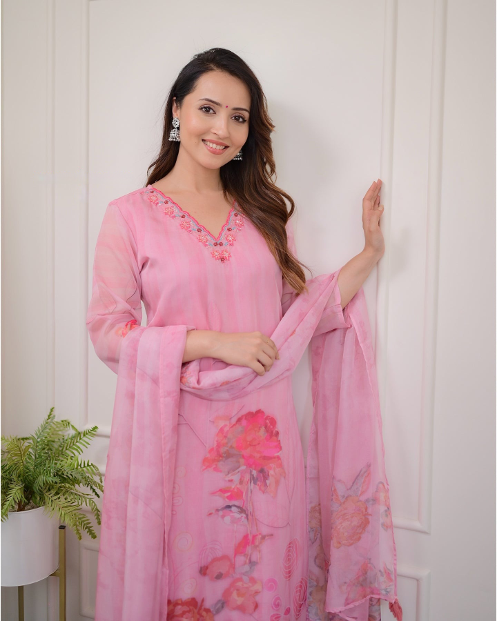 Pink Floral Organza Kurti Set with Embroidered Neckline