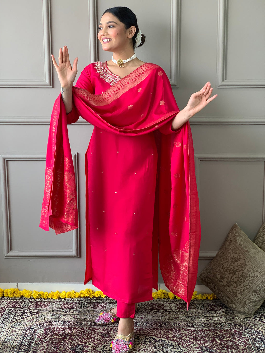 Red Viscose Chanderi Kurti Set with Jacquard Dupatta