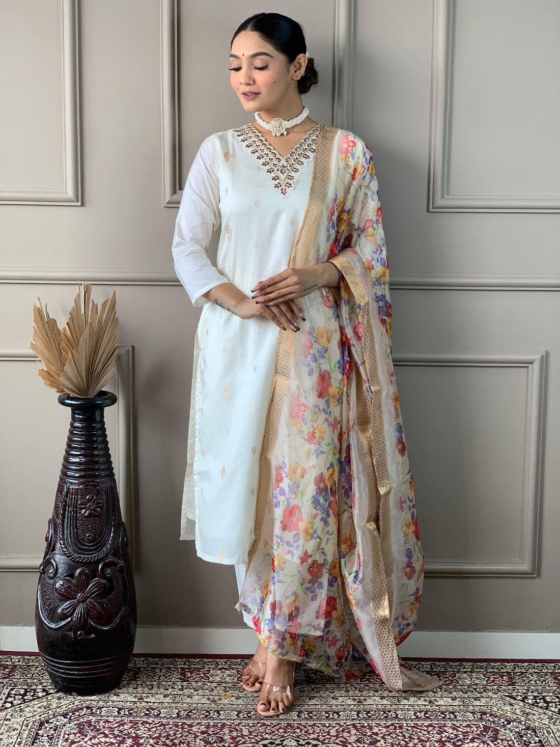 Off-White Viscose Nylon Kurti Set with Floral Jacquard Dupatta