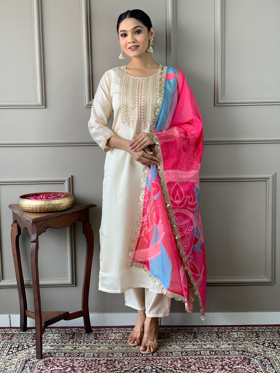 Cream Viscose Chanderi Kurti Set with Tebby Dupatta