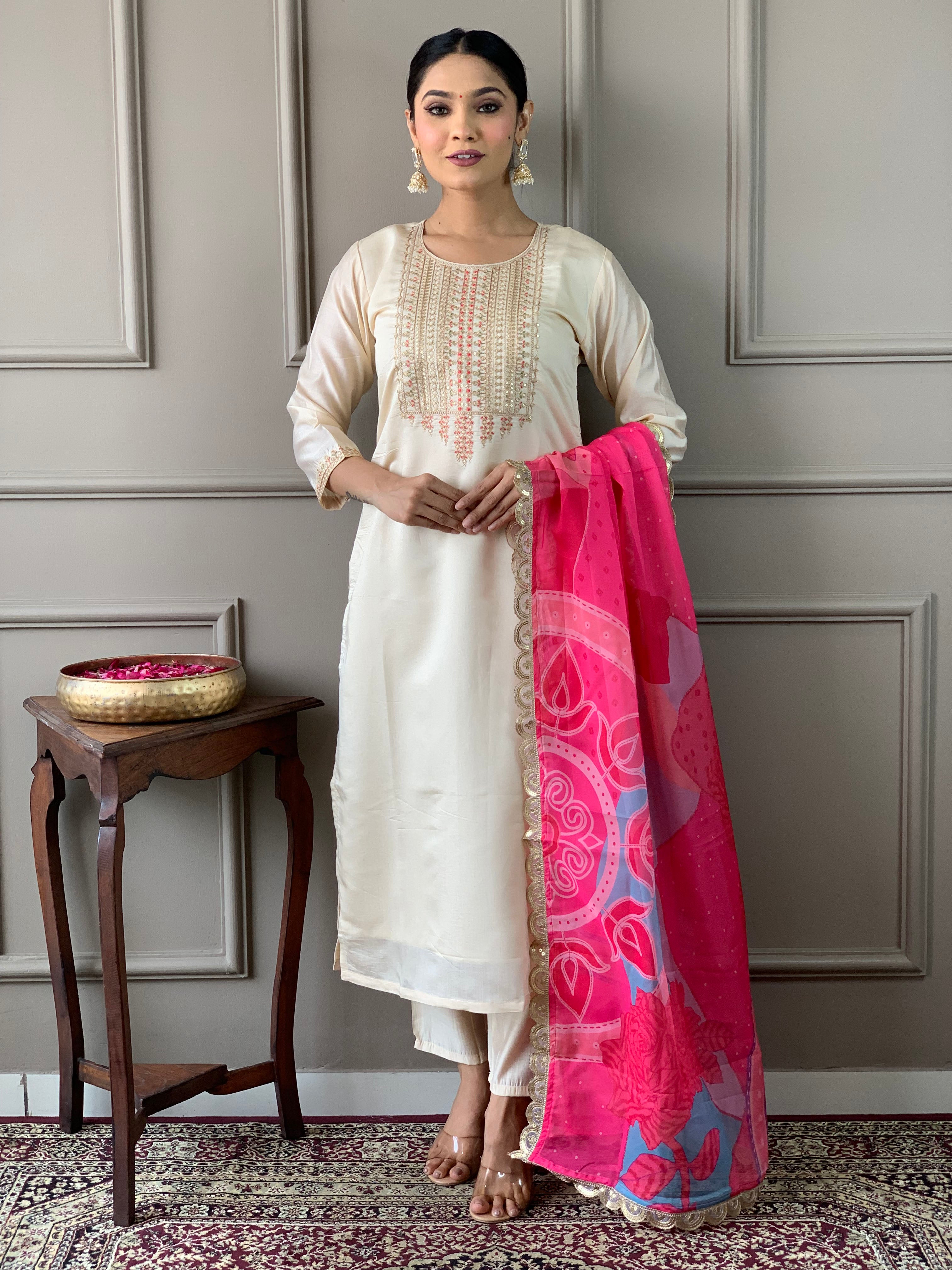 Cream Viscose Chanderi Kurti Set with Tebby Dupatta