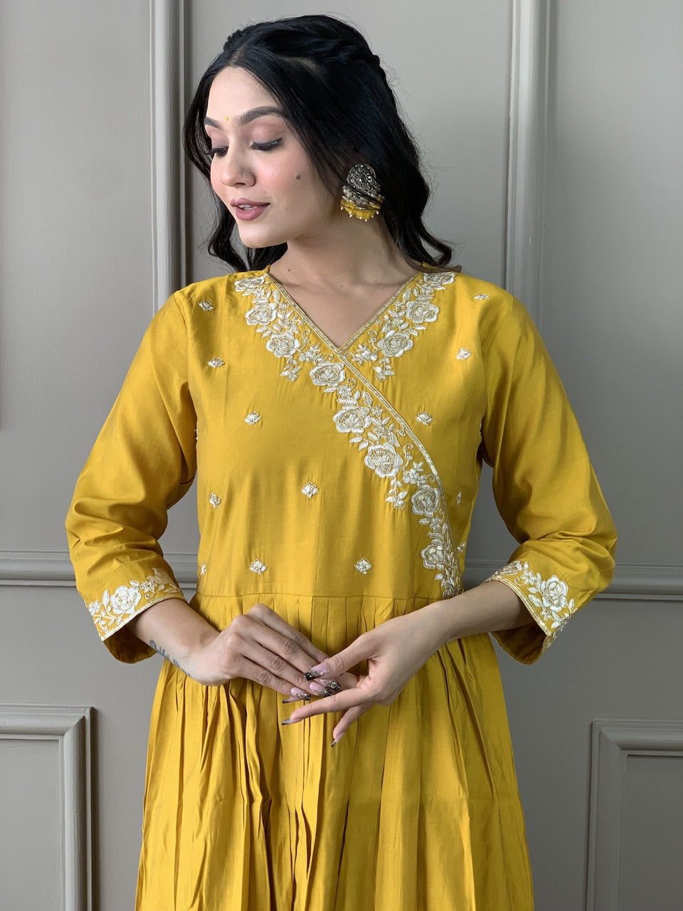 Mustard Yellow Viscose Chanderi Kurti Set