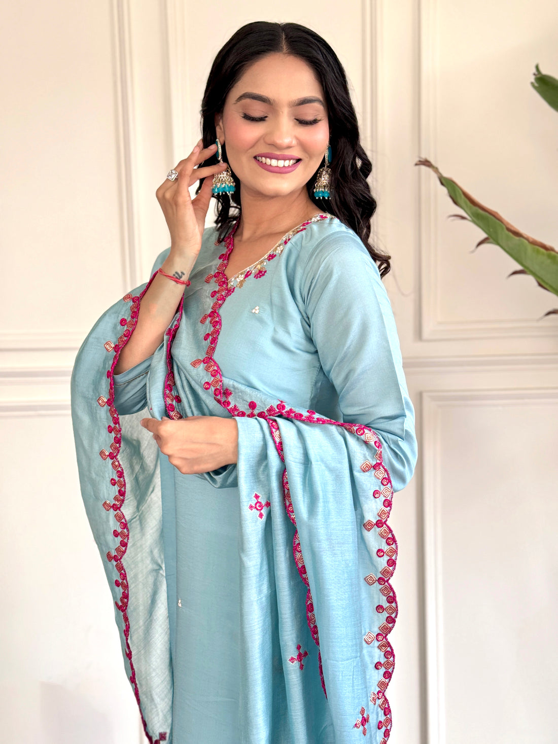 Sky Blue Viscose Chanderi Kurti Set with Embroidered Dupatta