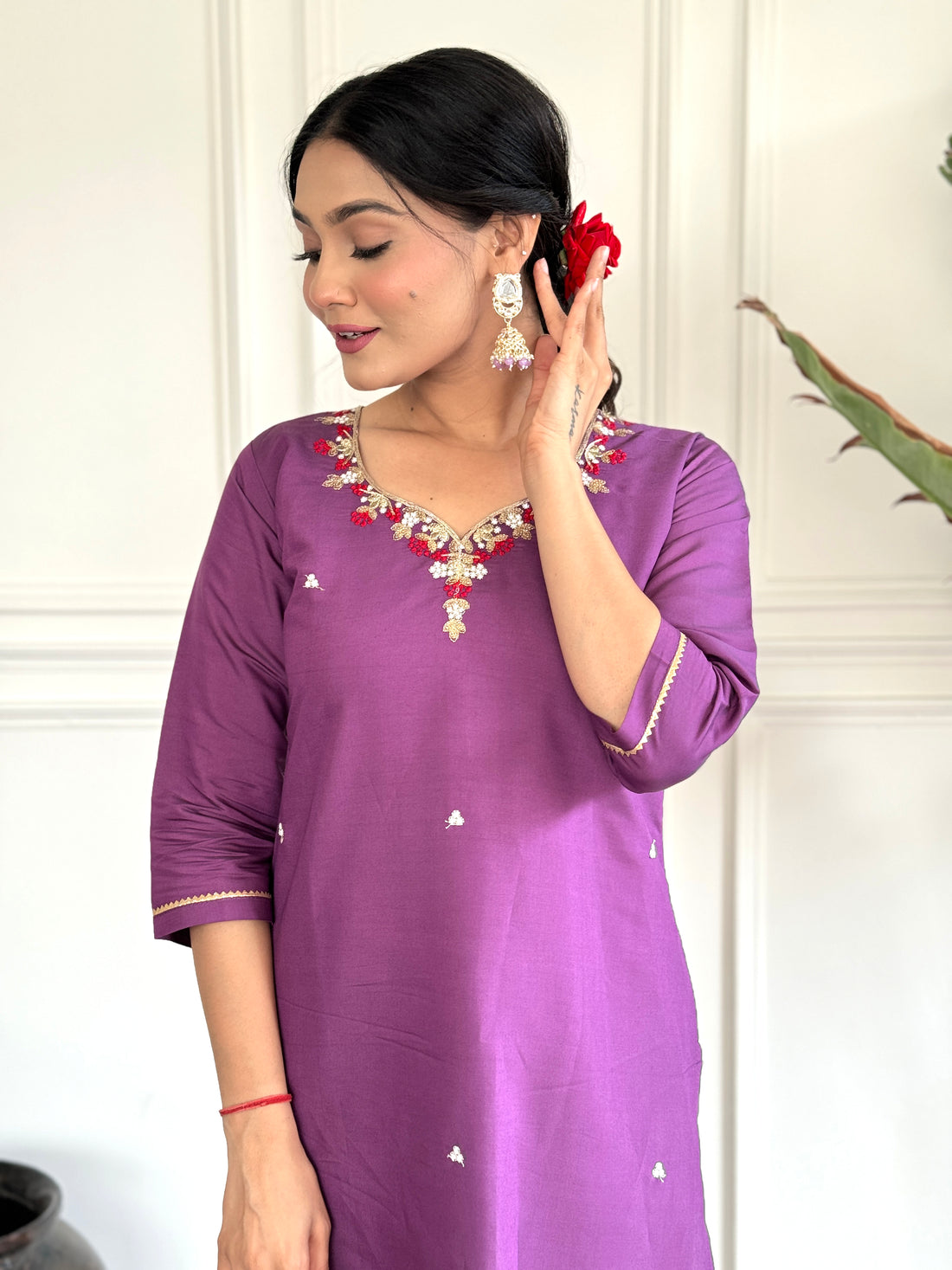 Purple Viscose Chanderi Kurti Set with Embroidered Dupatta