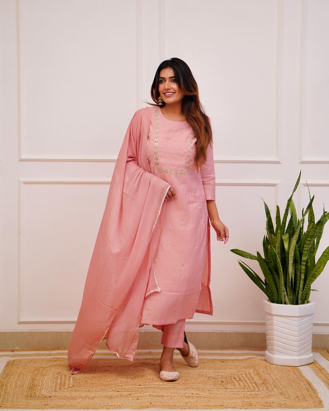 Blush Pink Embroidered Rayon Slub Kurti Set