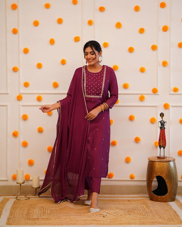 Wine Purple Embroidered Rayon Slub Kurti Set