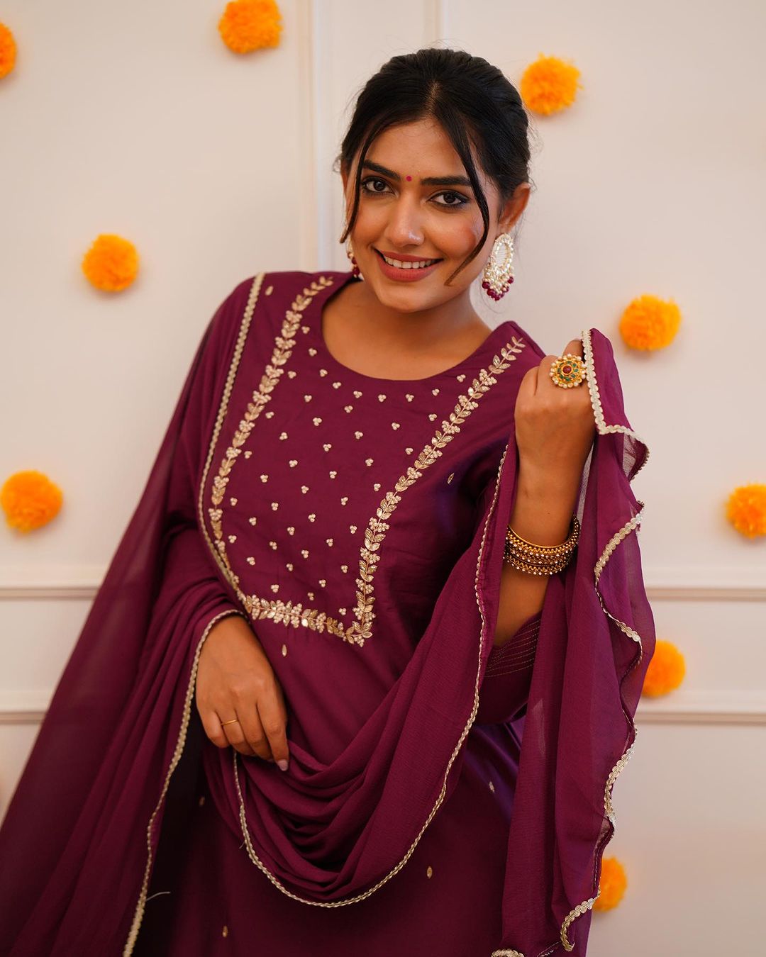 Wine Purple Embroidered Rayon Slub Kurti Set