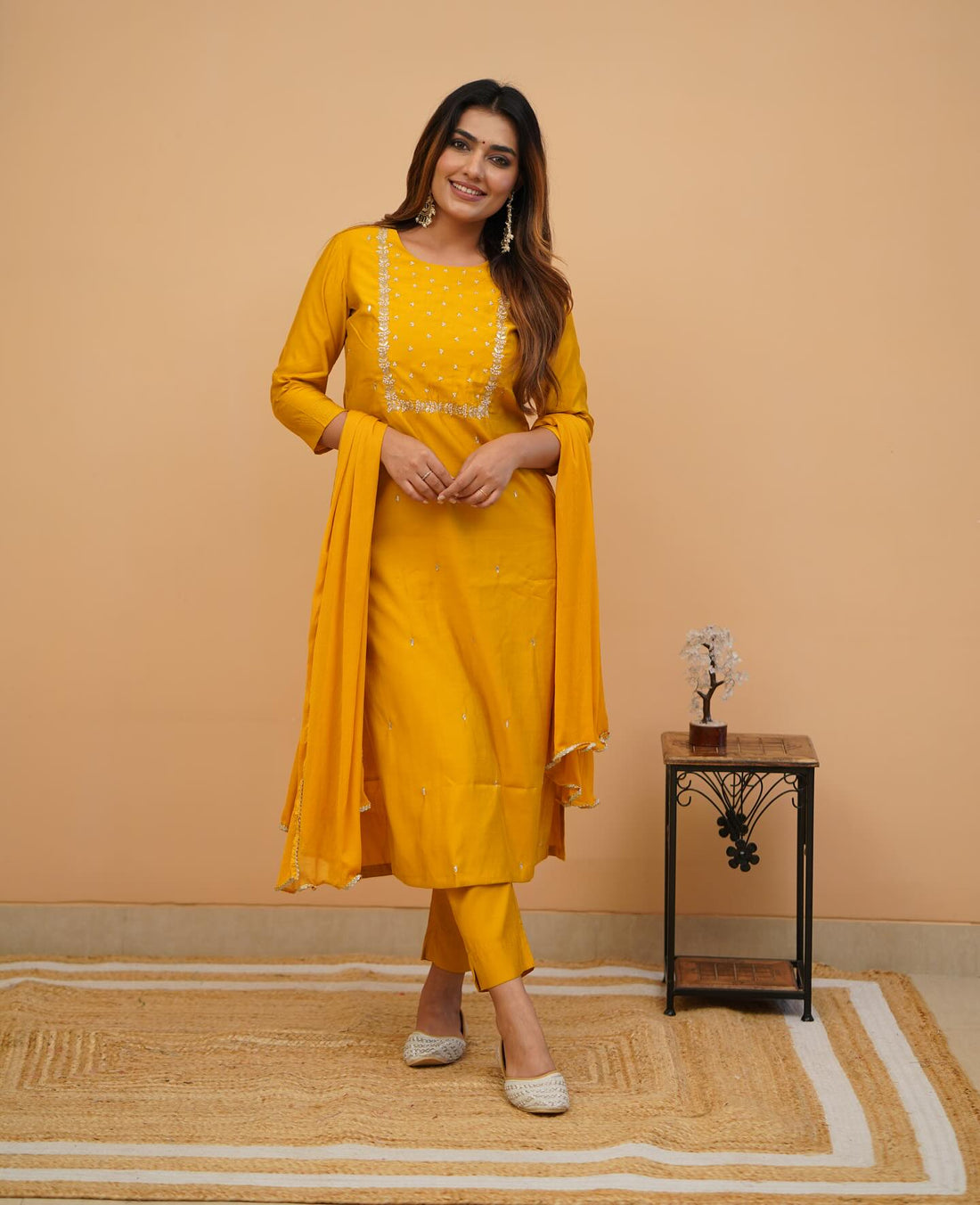 Yellow Embroidered Rayon Slub Kurti Set