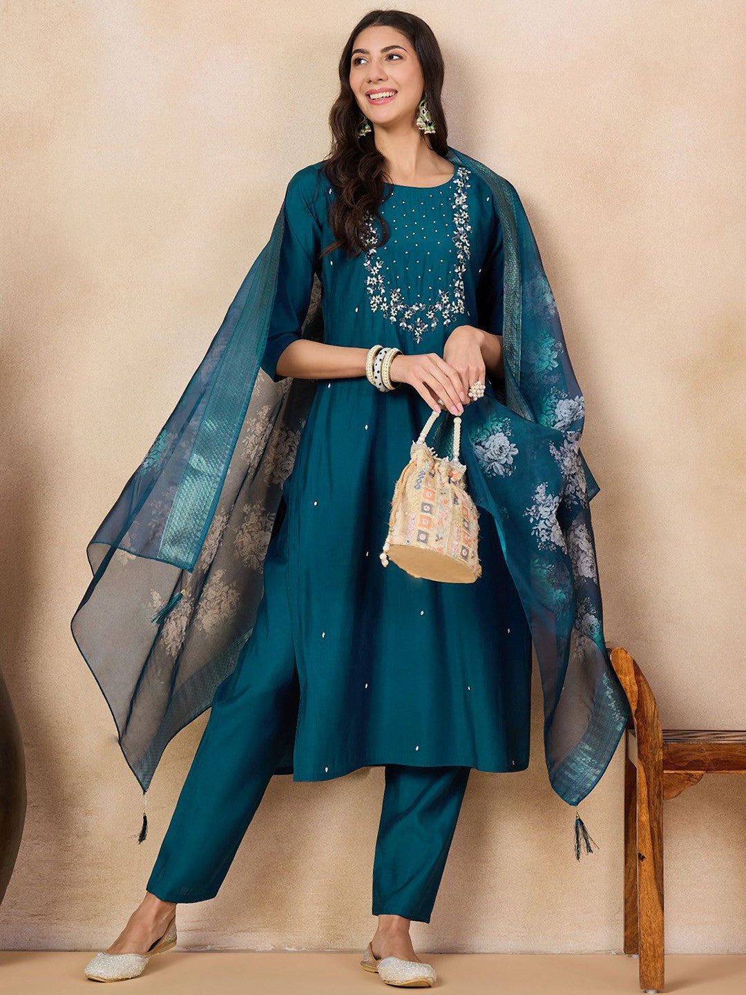 Blue Embroidered Viscose Chanderi Kurti Set