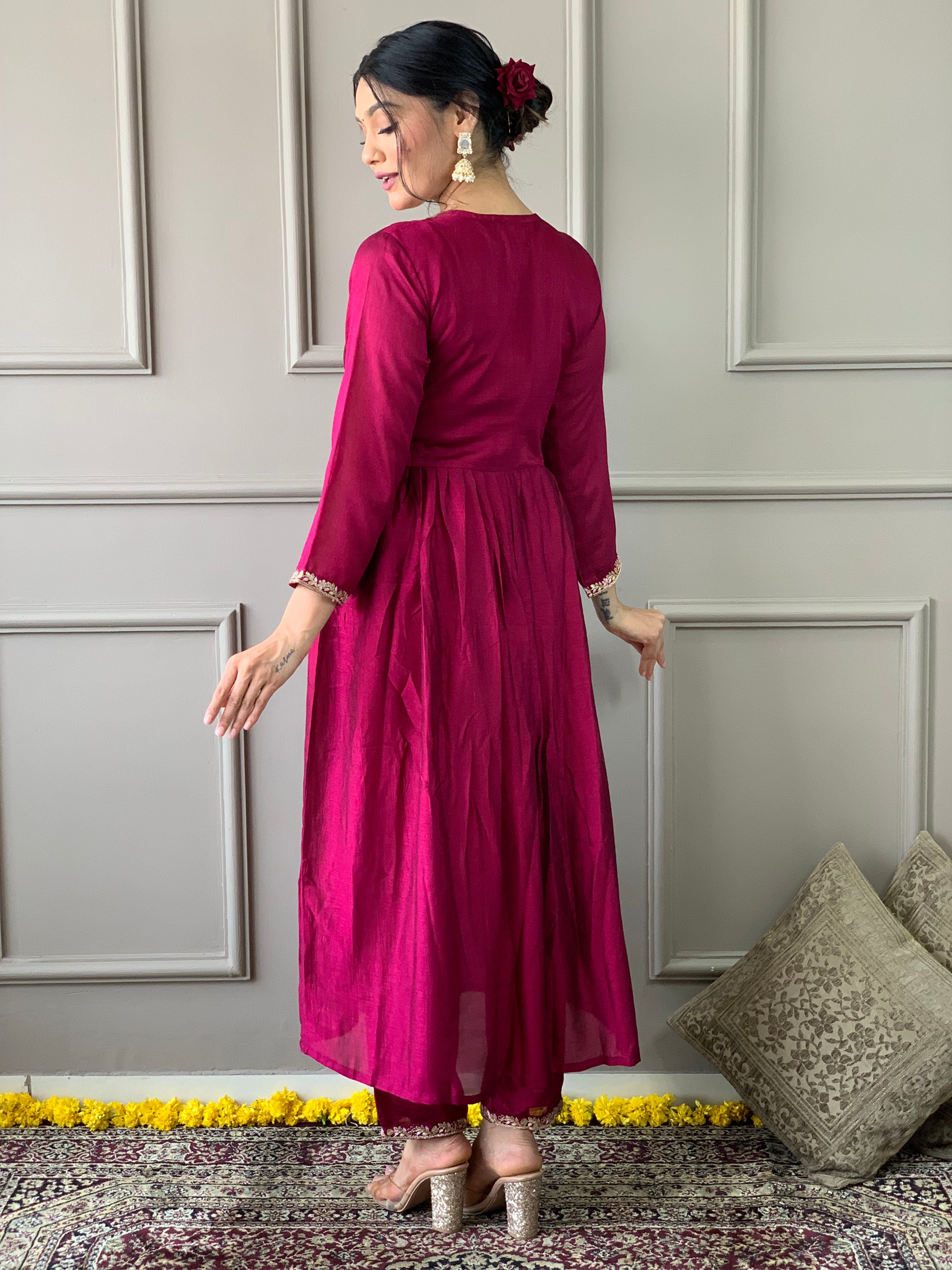 Wine Embroidered CP Vichitra Anarkali Kurti Set with Dupatta