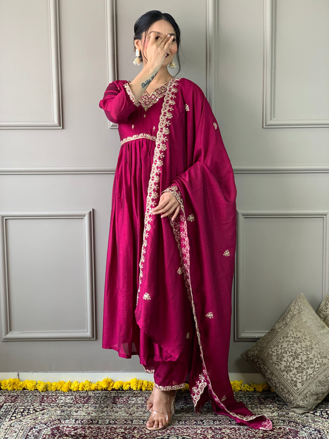 Wine Embroidered CP Vichitra Anarkali Kurti Set with Dupatta