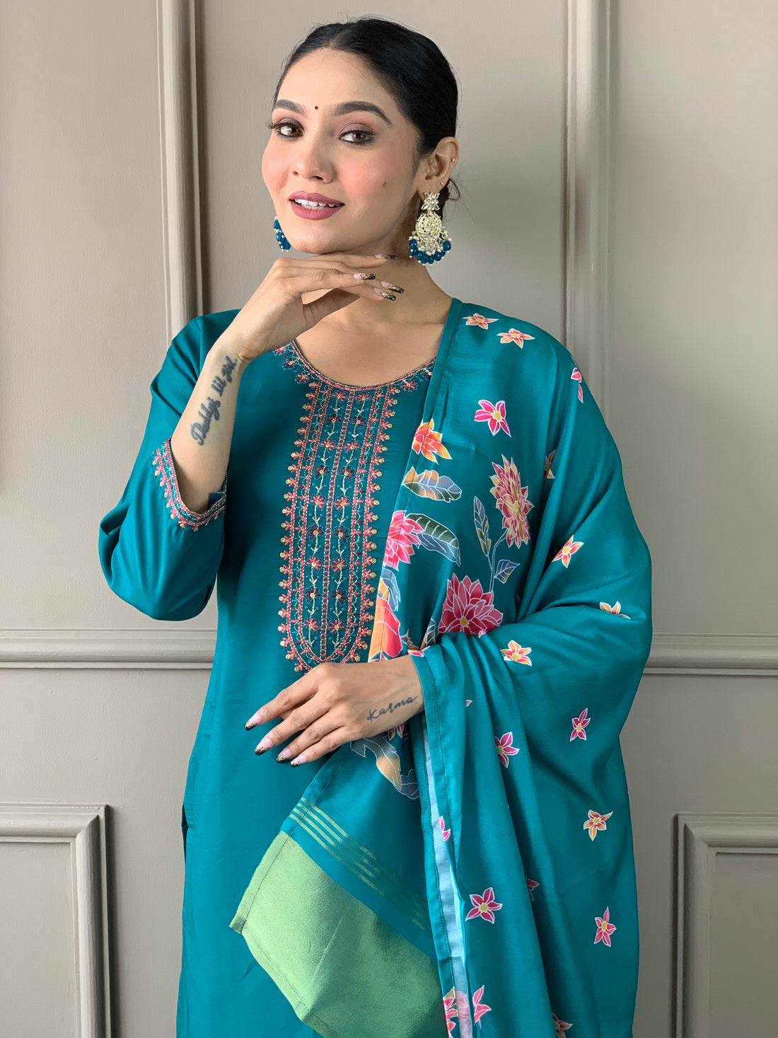 Teal Green Viscose Chanderi Kurti Set