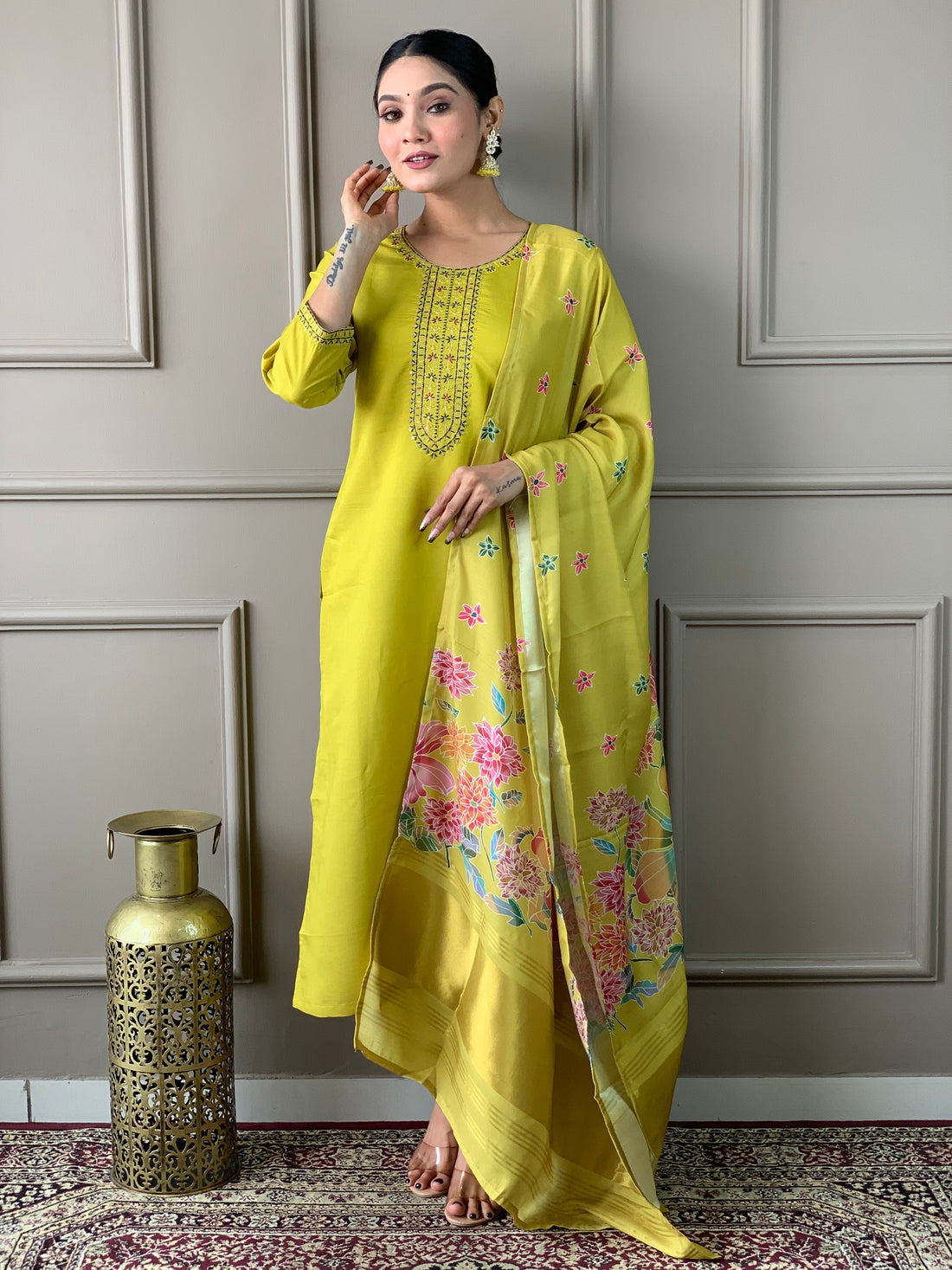 Yellow Viscose Chanderi Kurti Set with Satin Dupatta