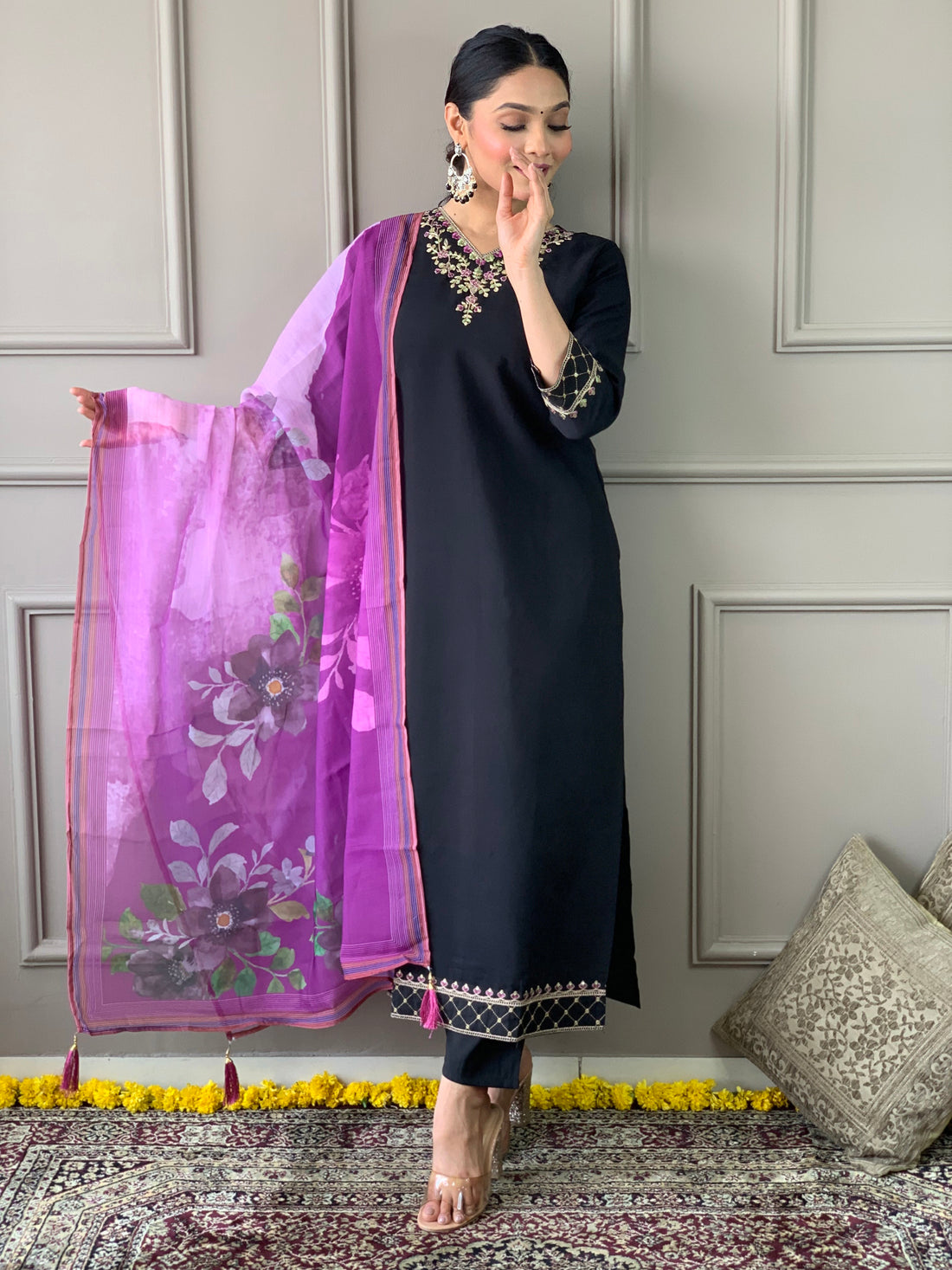 Black Viscose Chanderi Kurti Set with Floral Nylon Tebby Dupatta