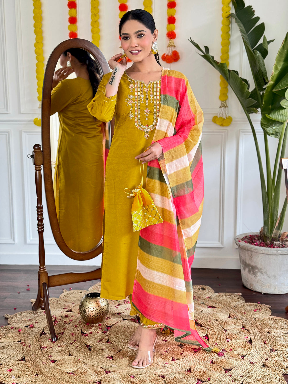 Yellow Chanderi Kurti Set with Striped Pure Linen Dupatta
