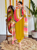 Yellow Chanderi Kurti Set with Striped Pure Linen Dupatta