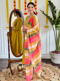 Yellow Chanderi Kurti Set with Striped Pure Linen Dupatta