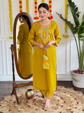 Yellow Chanderi Kurti Set with Striped Pure Linen Dupatta