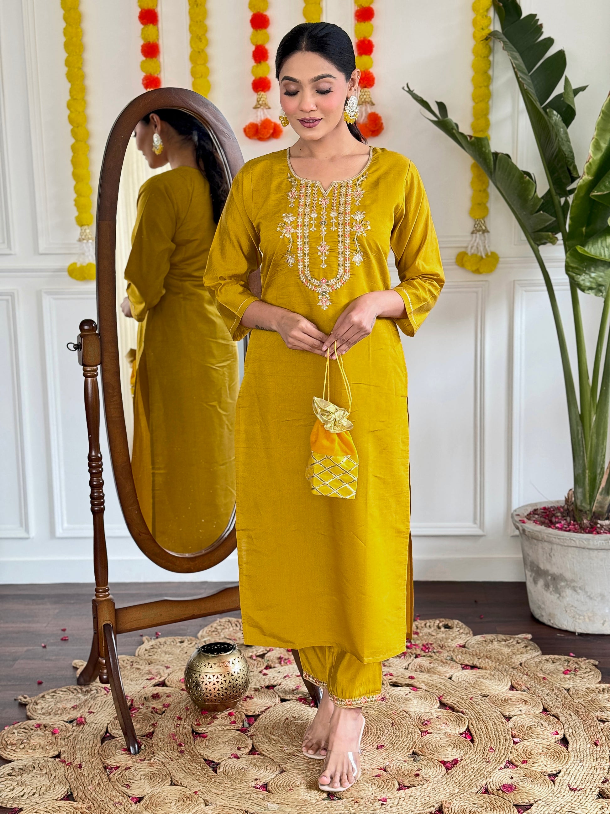 Yellow Chanderi Kurti Set with Striped Pure Linen Dupatta