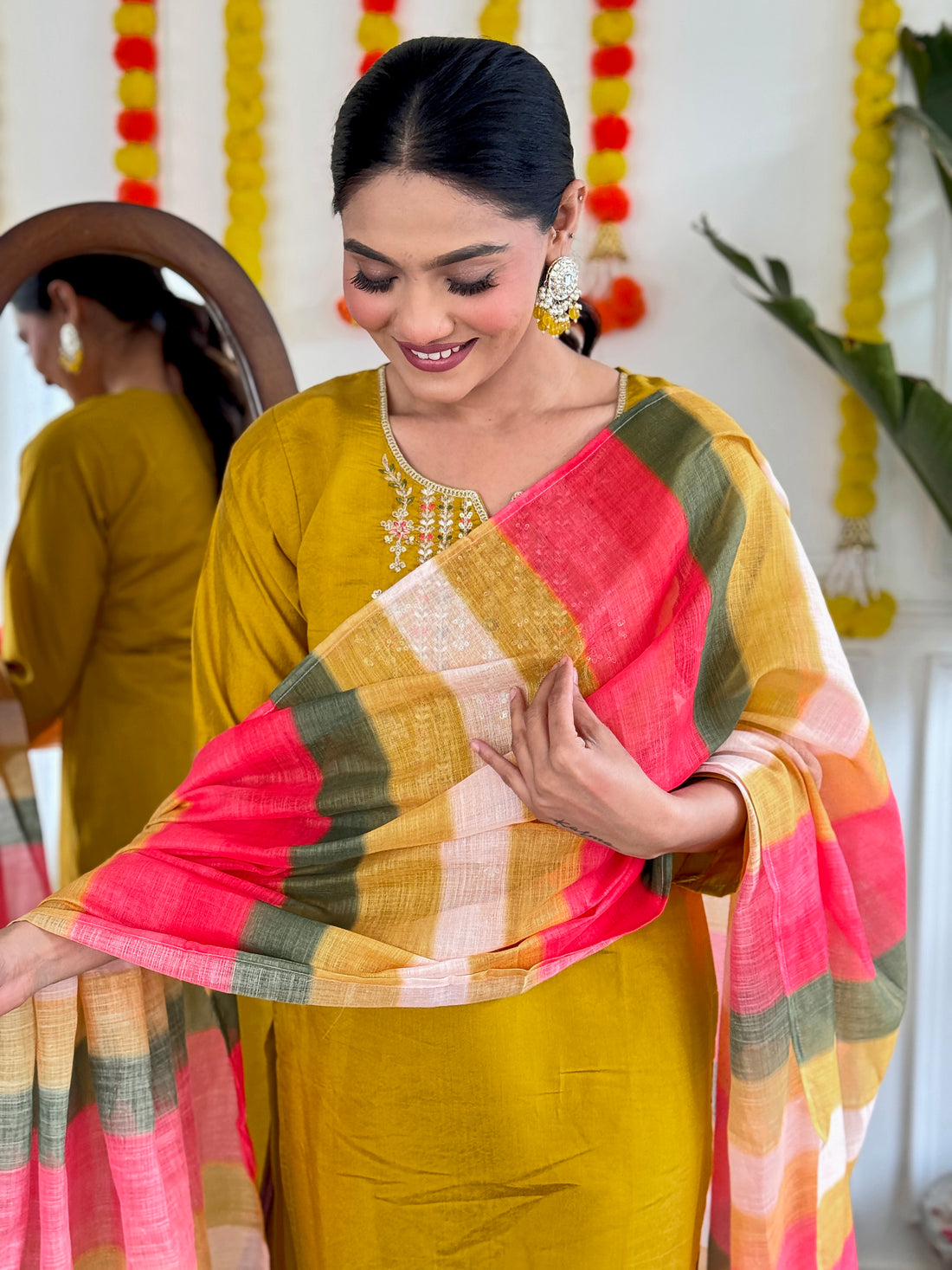 Yellow Chanderi Kurti Set with Striped Pure Linen Dupatta