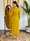 Yellow Chanderi Kurti Set with Striped Pure Linen Dupatta