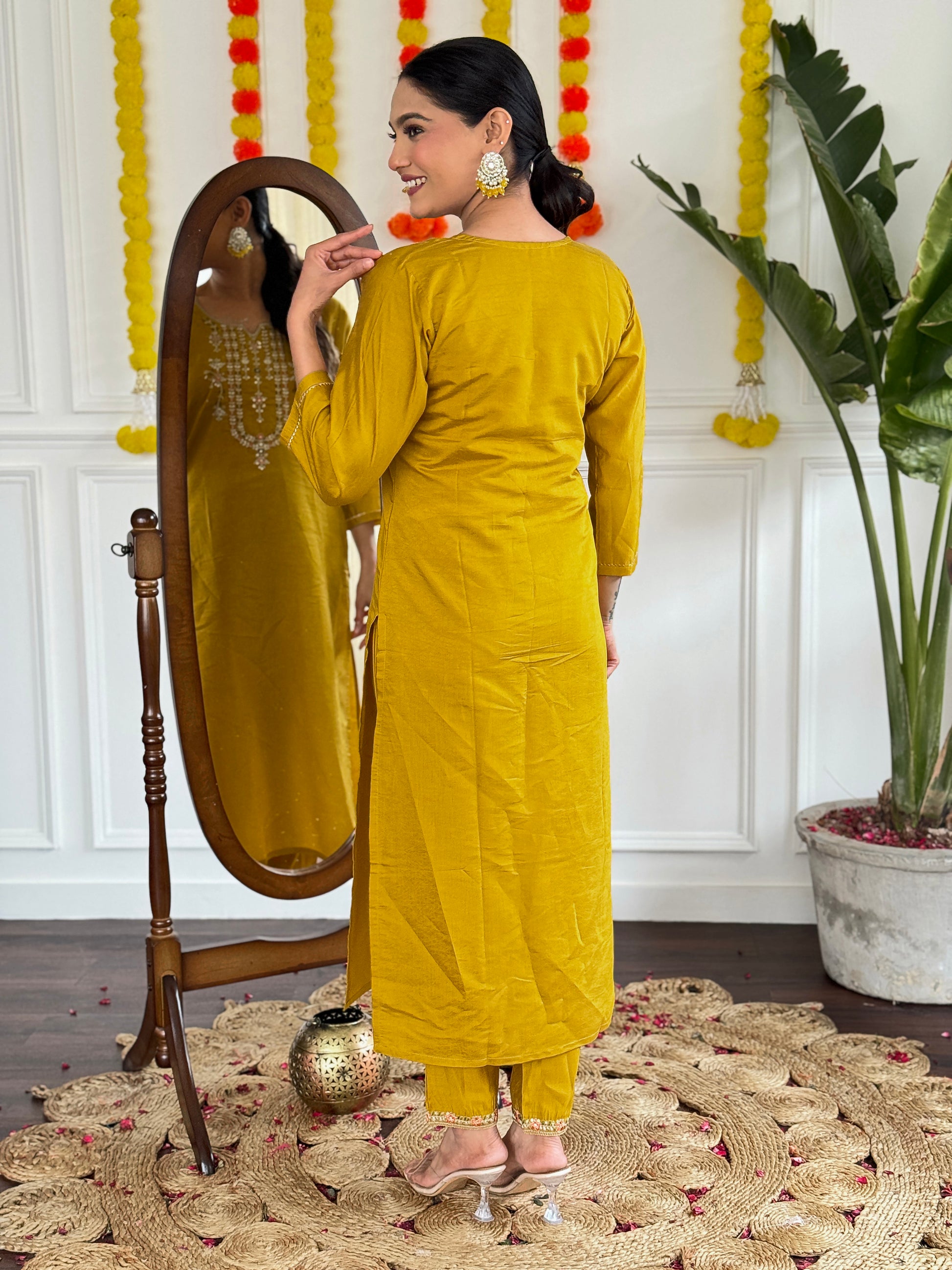 Yellow Chanderi Kurti Set with Striped Pure Linen Dupatta