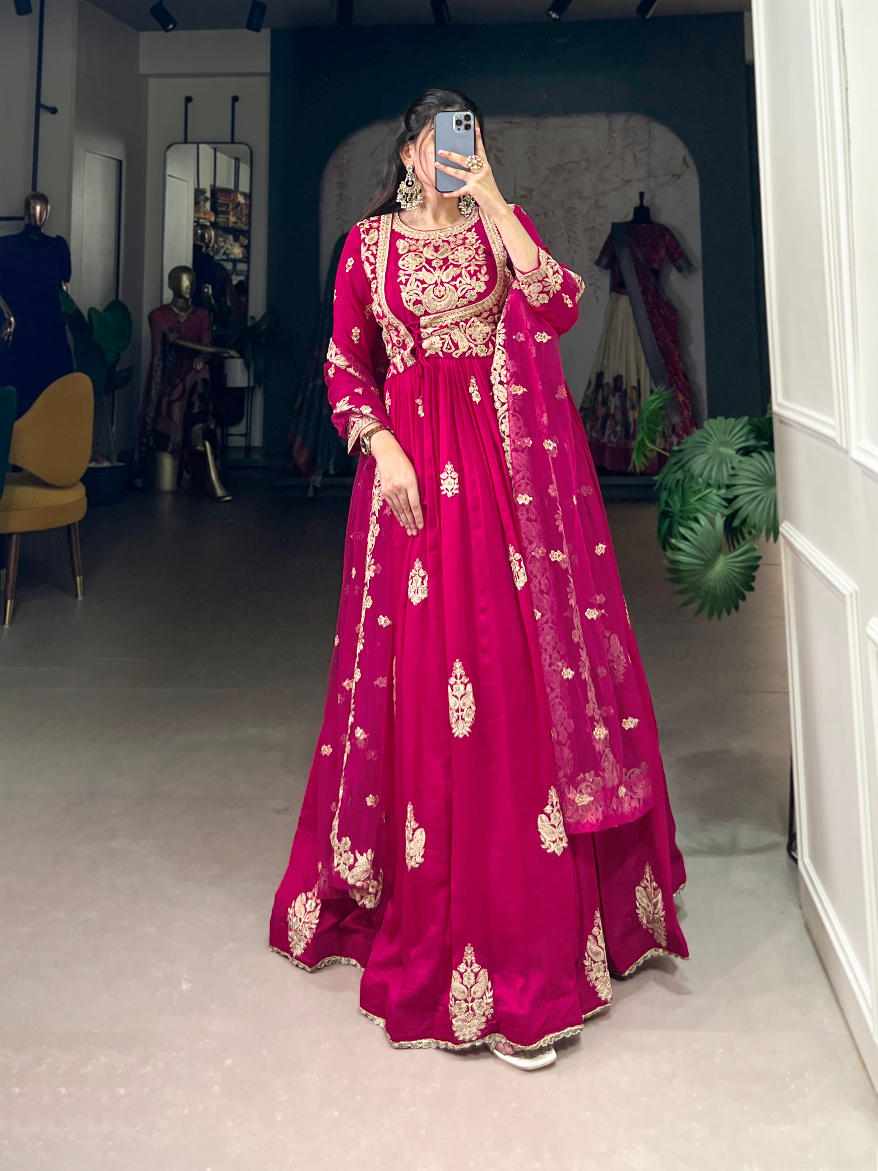 Pink Pure Vichitra Silk
Sequins and Thread Embroidery Work Readymade Gown