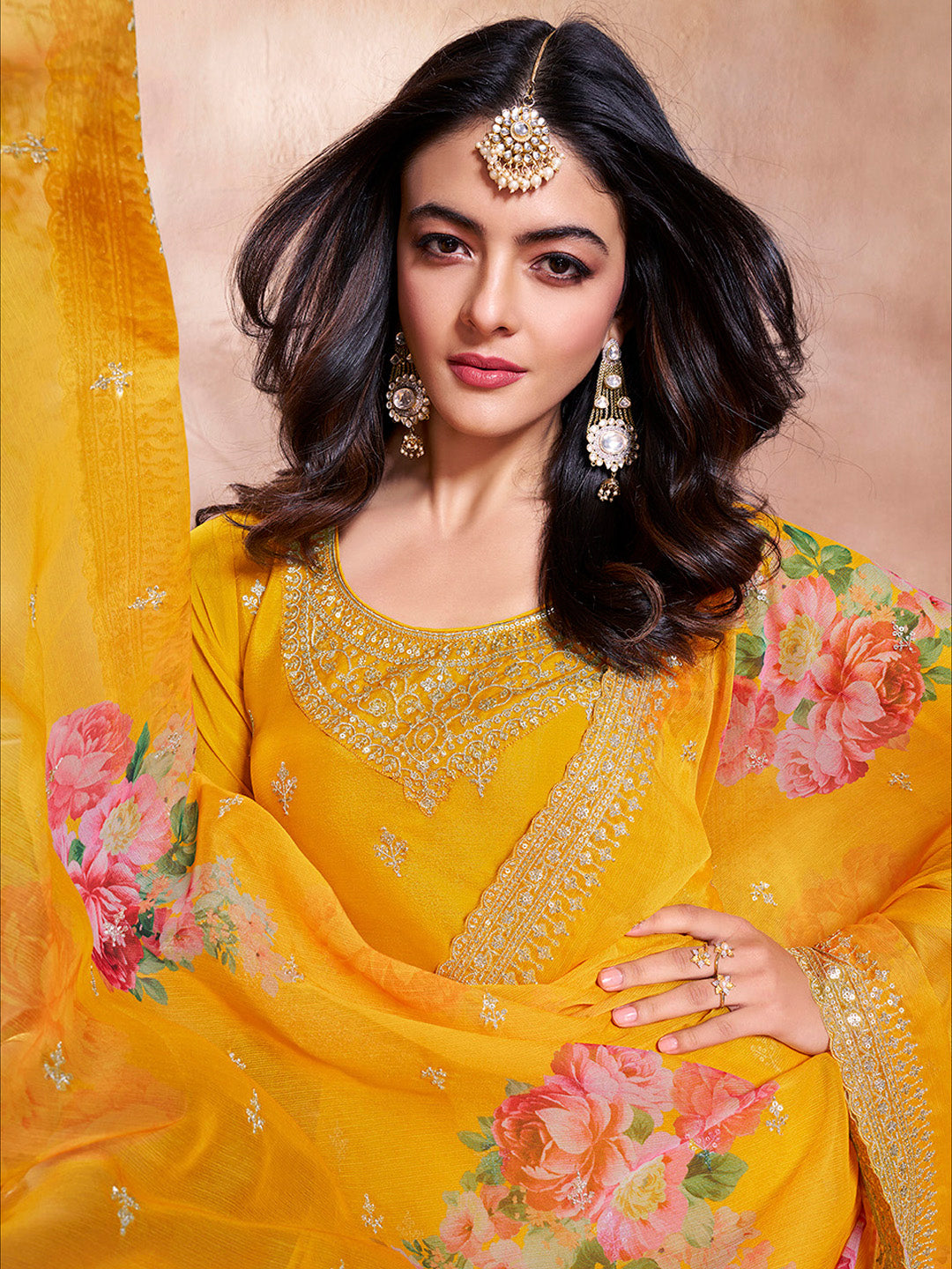 Mustard sharara suit with digital floral printed dupatta