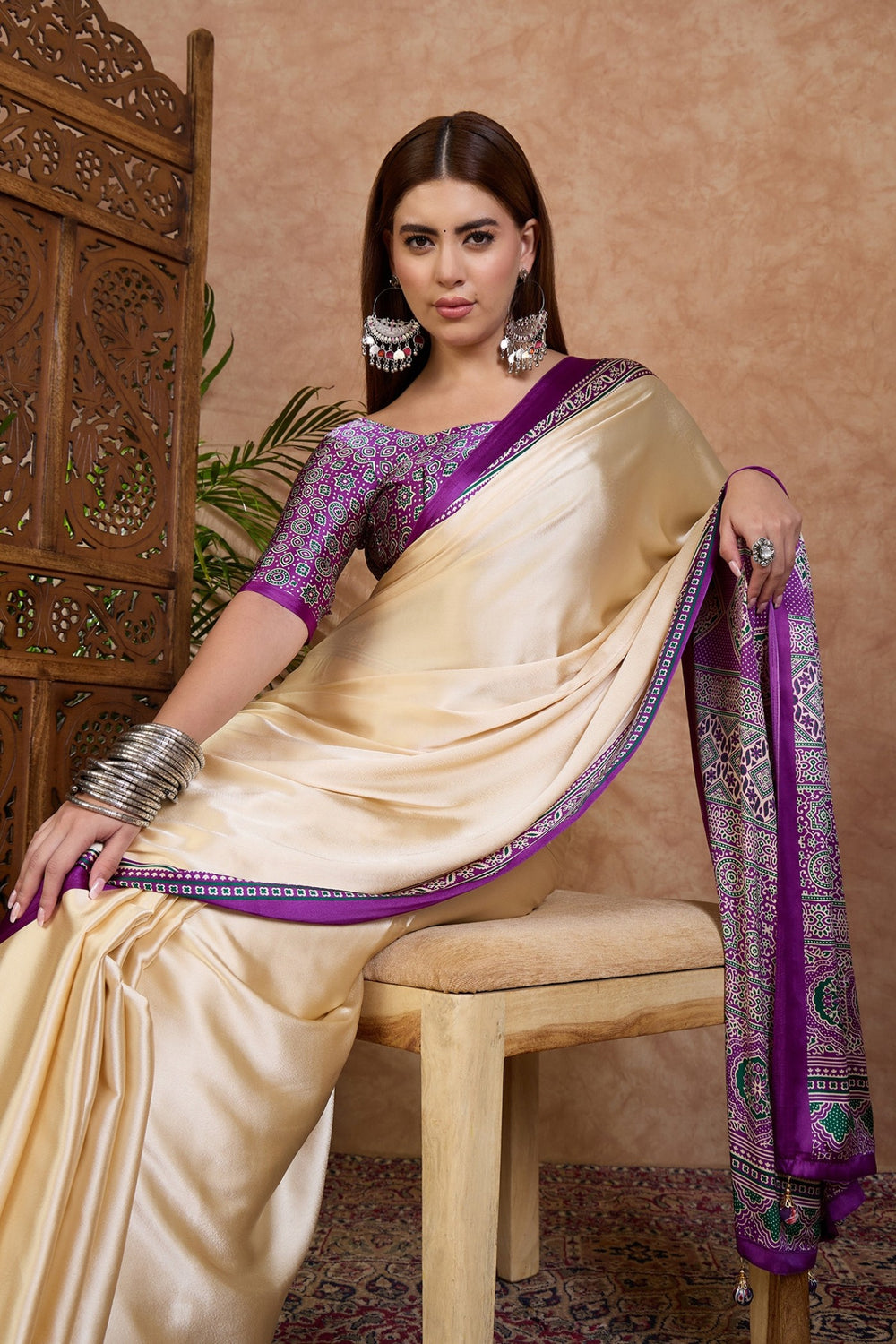 Cream and Purple Pure Soft Modal Satin Ajrakh Print Satin Saree Japan Satin Saree Anant Tex Exports Pvt.Ltd..