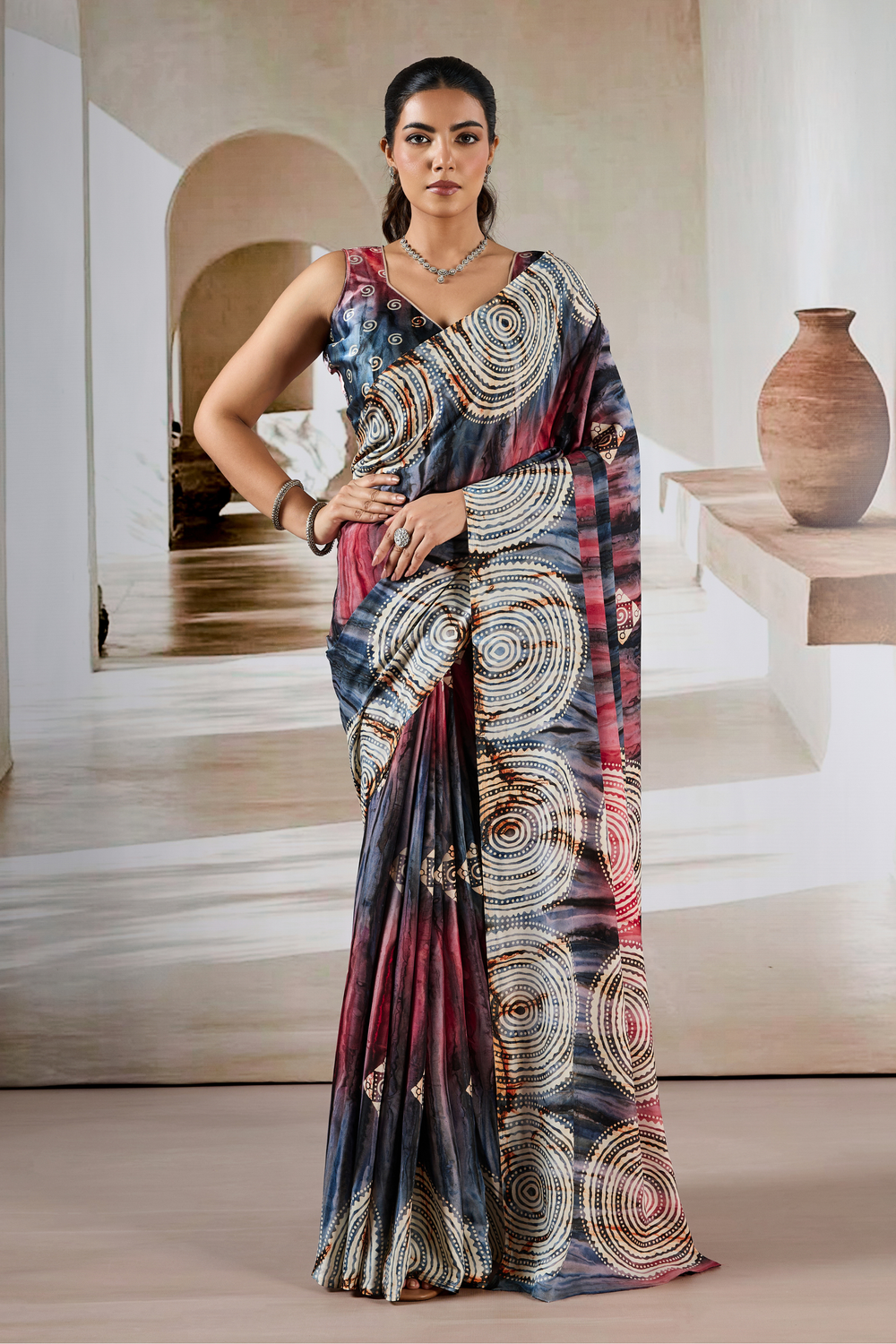 Brown Modal Satin Hand Prism Print Saree