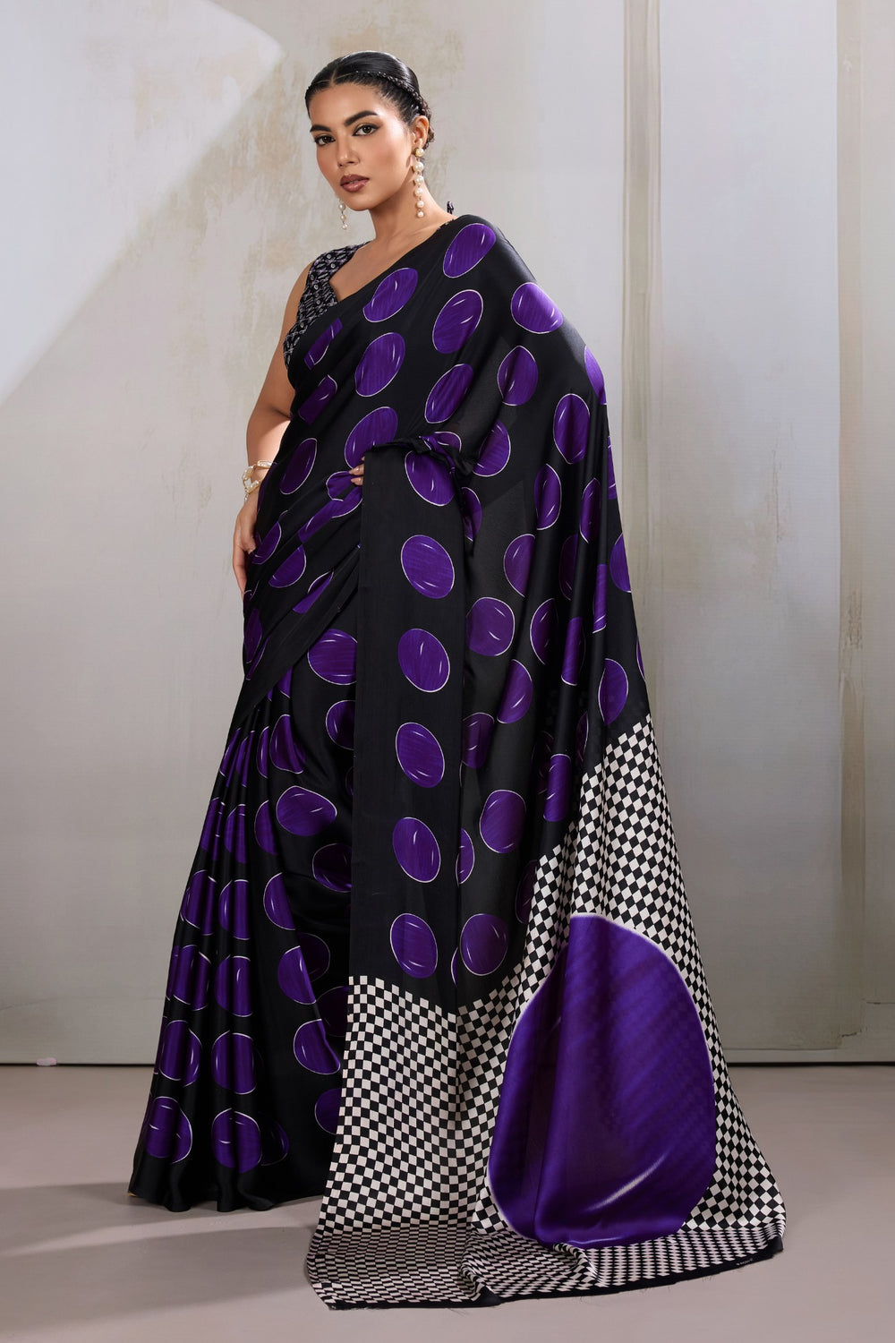 Blue Printed Polka Dots Satin Crepe Saree