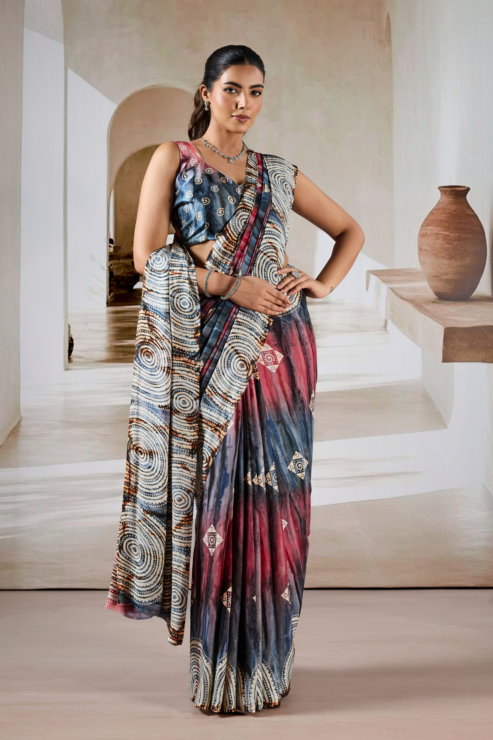 Brown Modal Satin Hand Prism Print Saree