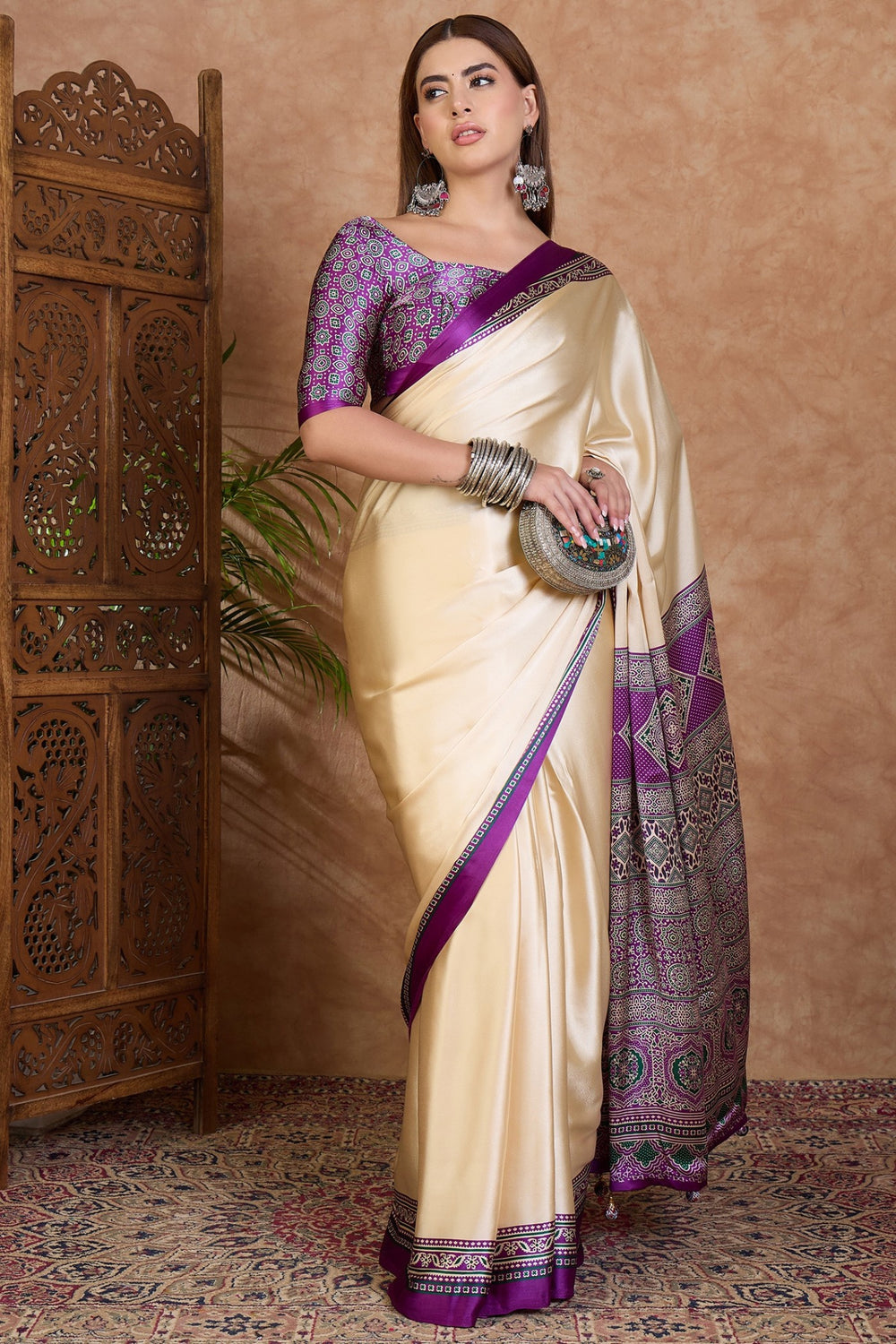 Cream and Purple Pure Soft Modal Satin Ajrakh Print Satin Saree Japan Satin Saree Anant Tex Exports Pvt.Ltd..