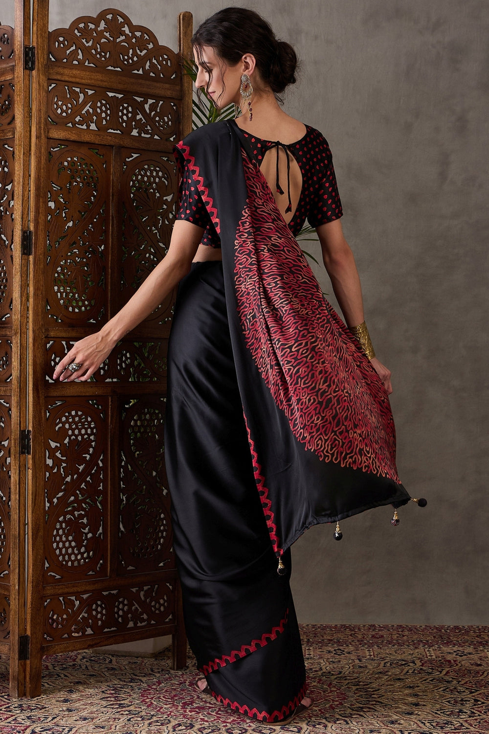 Black Pure Gaji Silk Satin Printed Saree